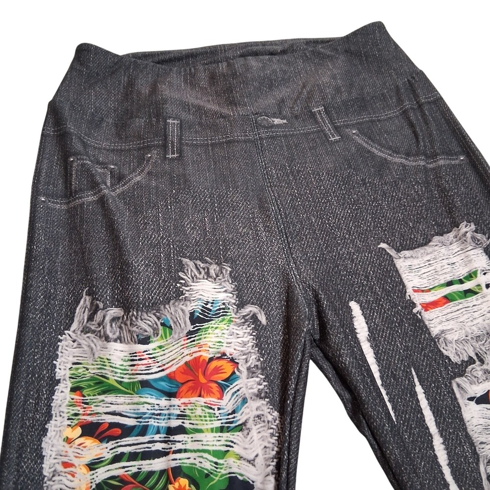 TL Clothing Womens Hibiscus Ripped Jean Look Real Back‎ Pockets Capri Legging OS